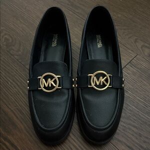 Michael Kors Black Leather Loafers with Gold MK Emblem